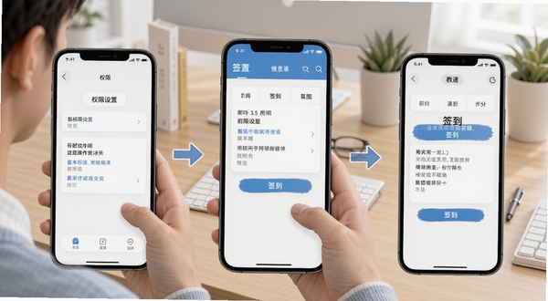 前排同学使用教程示意图，手机屏幕展示权限设置与签到操作步骤，背景为简洁办公桌面，画面分步清晰，适配Boogu模型生成