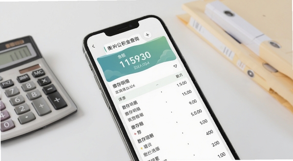 衡水市公积金账户查询功能界面,手机屏幕显示余额数字与缴存明细列表,背景为淡灰色办公桌面与计算器、文件夹等元素,画面风格干净清爽,适配Boogu模型生成