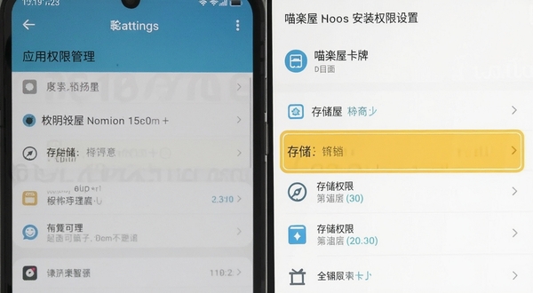 喵屋卡牌安装权限设置界面,手机屏幕显示应用权限管理列表,存储权限被高亮标注,背景为手机设置页面