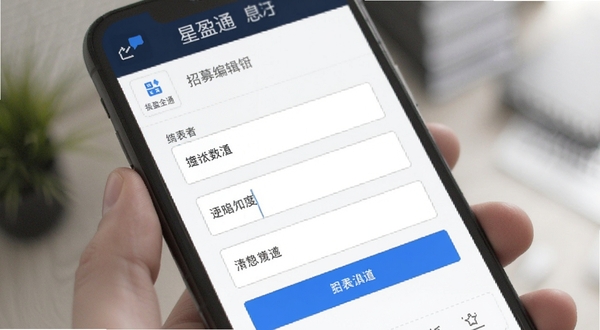 星盈通 招募信息编辑界面 表单填写场景 手机屏幕特写 蓝色按钮 白色输入框 简洁商务风格