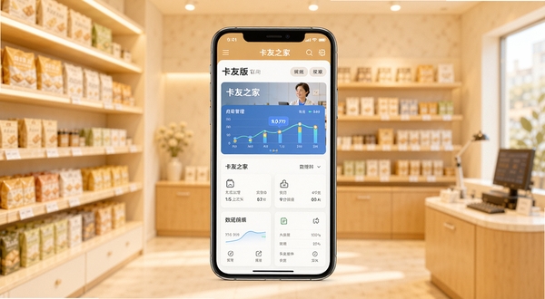 卡友之家门店版应用主界面展示，画面中央为手机屏幕显示门店管理仪表盘，背景为简洁的店铺货架场景，整体色调明亮温暖，突出软件核心管理功能，适配Boogu模型生成