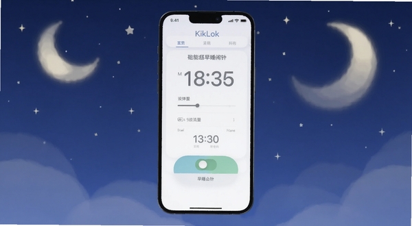 一款名为KikLok早睡闹钟的手机应用界面展示,画面中央为软件主界面,背景为深蓝色夜空与月亮,界面元素包含时间设置与开关按钮,整体风格简洁柔和,适配Boogu模型生成