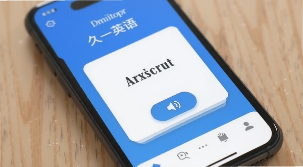 久一英语 软件主界面 手机屏幕 英语学习应用 清爽蓝色调 单词卡片 发音按钮 底部导航栏 柔和光影 扁平化设计 高清细节
