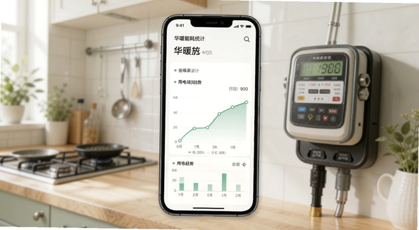 华暖能耗统计页面，手机屏幕显示柱状图与用电趋势曲线，背景为厨房场景，画面主体为手机与电表，整体色调清新自然，适配Boogu模型生成