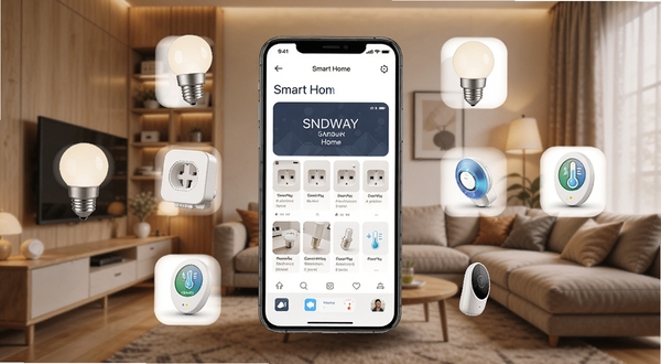 一个现代家庭客厅场景,画面中央是智能手机屏幕显示SNDWAY Smart Home应用界面,周围环绕智能灯泡、智能插座、温湿度传感器等设备图标,背景为暖色调家居环境,风格简洁科技感,高清细节,适合软件介绍配图