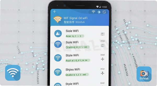 万能WiFi一键直连智能排序功能展示,画面主体为安卓手机屏幕特写,屏幕内呈现多个WiFi热点按信号强度排序的列表,顶部有推荐标识,背景区域为淡灰色网格与数据流动线条,突出智能筛选与排序的科技感,软件名称以扁平化图标形式出现在画面角落