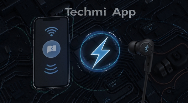 Techmi App 低延迟连接示意图,手机与蓝牙耳机之间有闪电符号,背景为深色科技纹理,强调快速稳定的无线传输