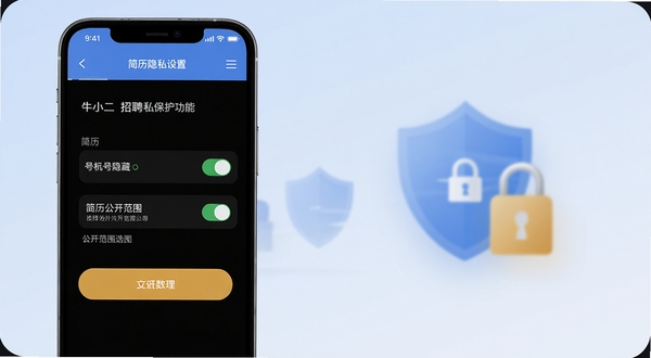 牛小二招聘隐私保护功能示意图，画面展示一部手机屏幕，屏幕中显示简历隐私设置页面，有手机号隐藏、简历公开范围选择等开关按钮，手机旁边有盾牌和锁的图标象征安全防护，背景为淡蓝色渐变，画面风格简洁专业，适配Boogu模型生成
