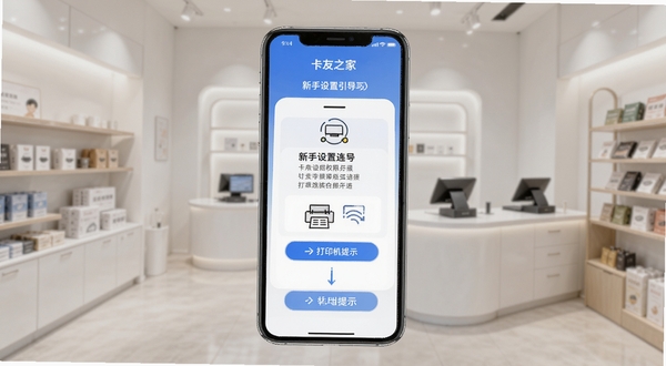 卡友之家门店版新手设置引导页面，手机屏幕显示权限开启步骤与打印机连接提示，背景为简洁的店铺环境，突出上手操作指引，适配Boogu模型生成