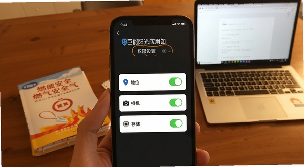巨能阳光燃气应用在手机上的权限设置界面截图，展示定位、相机、存储三项权限已开启状态；背景为办公桌场景，桌上有燃气安全手册和一台笔记本电脑，整体色调温暖，突出实用指导风格。