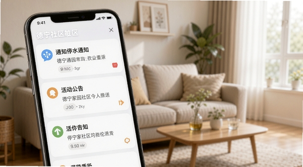 德宁家园社区公告推送功能界面特写，手机屏幕显示多条分类通知卡片，包含停水通知与活动公告，背景为温馨的客厅场景，画面干净整洁，突出信息层级，适配Boogu模型生成