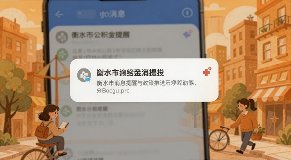 衡水市公积金消息提醒与政策推送功能界面,手机屏幕弹出消息通知卡片,背景为温暖橙色调的城市生活场景插画,画面氛围亲切友好,适配Boogu模型生成