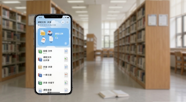 前排同学资料共享界面，手机屏幕显示课程文件夹与文档列表，背景为图书馆书架，画面整洁有序，突出前排同学云共享功能