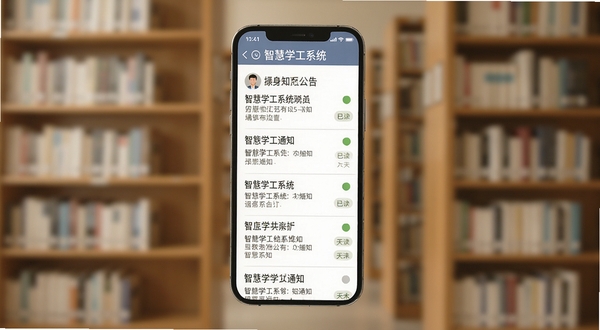 智慧学工系统通知公告页面,手机屏幕显示多条通知列表,带有已读未读状态标记,背景为简洁的图书馆书架虚化效果,画面色调温和,突出信息传达的清晰度