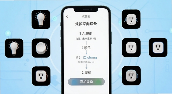 火星人未来家设备添加向导界面截图风格示意图,手机屏幕显示添加设备步骤,周围环绕智能灯泡、传感器、插座等设备图标,背景为浅蓝色科技感渐变,画面简洁明快,突出操作引导流程
