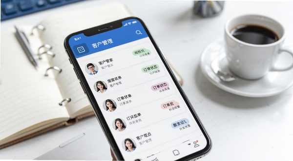 宠舍管家客户管理功能展示图，画面为手机屏幕特写，显示客户列表与订单状态标签，背景为简洁的办公桌面，有笔记本与咖啡杯，整体色调偏商务蓝与白色，突出高效管理氛围
