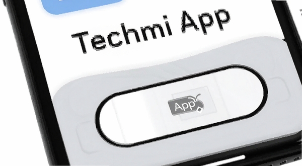 Techmi App 简洁操作界面特写,大尺寸开关按钮位于屏幕下方,上方显示当前模式名称,背景为纯白与浅灰搭配,字体清晰醒目