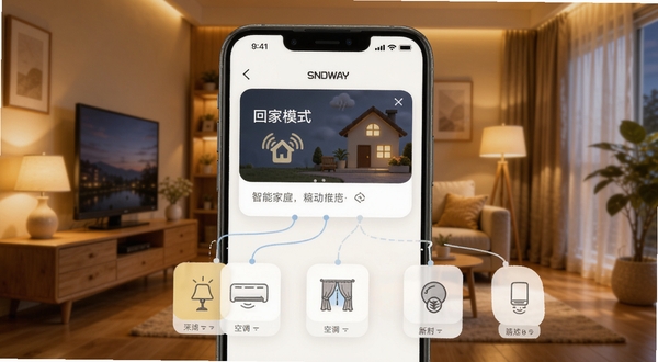 SNDWAY Smart Home场景联动功能示意图,手机屏幕显示“回家模式”场景卡片,下方连接灯光、空调、窗帘等设备图标,背景为温馨家居环境,暖色光线,界面卡片式设计,高清细节