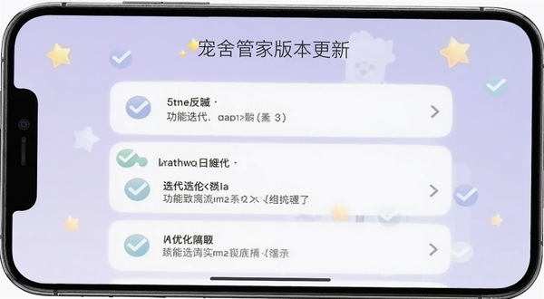 宠舍管家版本更新界面截图，手机屏幕显示更新日志列表，背景为淡紫色渐变，有星星与对勾图标点缀，整体风格简洁清新，突出功能迭代与优化细节
