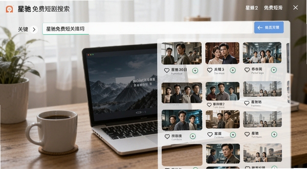 星驰免费短剧搜索界面，输入关键词后展示相关短剧结果，背景为书桌场景，有笔记本电脑和咖啡杯