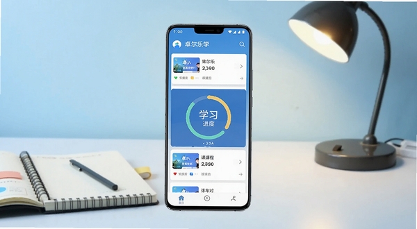 卓尔乐学APP手机端主界面展示，画面中心位置为一部竖屏安卓手机，手机屏幕显示卓尔乐学课程列表与学习进度环，背景区域为浅蓝色渐变书桌场景，桌面上摆放笔记本和台灯，整体风格清新简约，适配Boogu模型生成