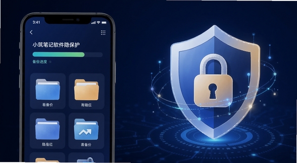 小筑笔记软件数据备份与隐私保护示意图，画面左侧为手机屏幕显示备份进度条与文件夹图标，右侧为盾牌与锁的抽象图形，背景为深蓝色科技感渐变，整体传达安全可靠的视觉感受，包含小筑笔记软件字样