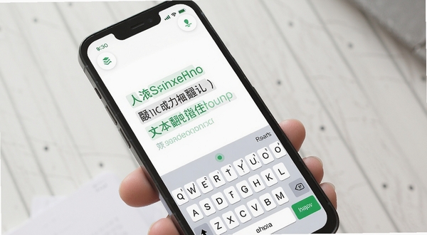 全球语音翻译 文本翻译界面 手机屏幕显示中英对照文字 键盘输入状态 简洁UI设计 白色背景 绿色点缀