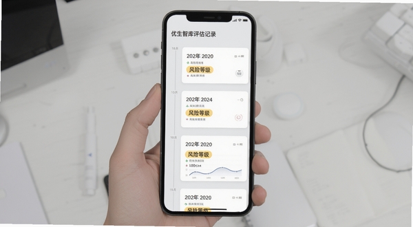 优生智库评估记录页面展示，手机屏幕呈现时间轴排列的历史评估卡片，每张卡片带有日期与风险等级标签，背景为浅灰色极简风格，整体干净整洁