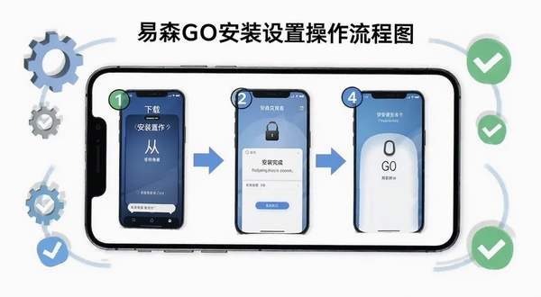 易森GO安装设置操作流程图,画面以手机屏幕为载体,分步骤展示从下载到安装完成的界面变化,每一步用数字标注,背景为纯白简洁风格,手机周围点缀齿轮和勾选图标,整体呈现清晰直观的教学氛围。