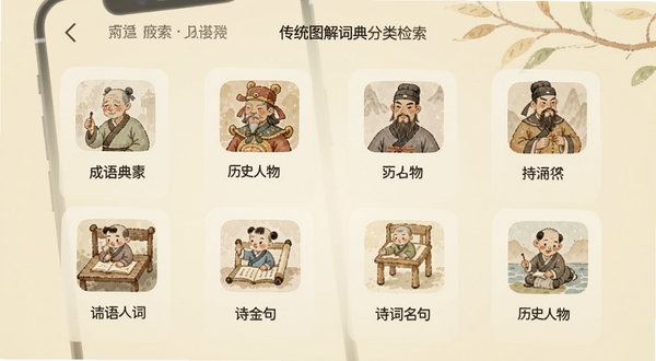 传统图解词典分类检索界面，画面展示手机屏幕中整齐排列的成语典故、历史人物、诗词名句等分类图标，每个图标配有小幅插画，背景为柔和米黄色，突出清晰的信息层级与便捷的检索体验