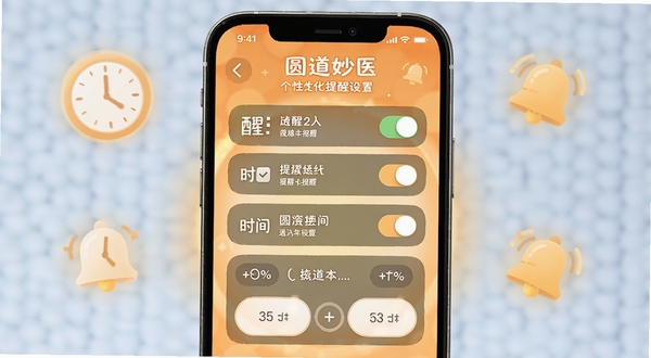 圆道妙医个性化提醒设置界面,手机屏幕内显示多个提醒开关与时间选择器,背景为暖橙色柔和光晕,点缀时钟与铃铛图标,风格温馨友好
