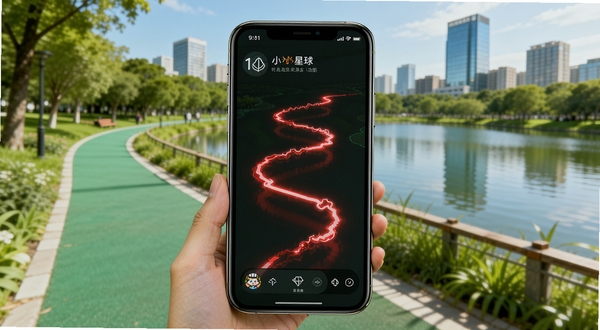 小狼星球行走轨迹记录功能展示图，画面主体为手机屏幕显示蜿蜒的红色轨迹线，背景为城市公园绿道与湖泊，风格写实明亮