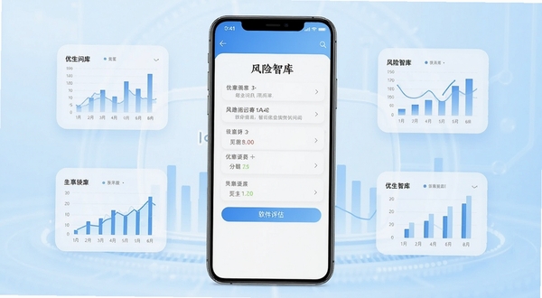 优生智库安卓软件主界面展示，画面中央为手机屏幕正显示风险评估问答页面，背景为柔和的浅蓝色渐变医疗科技风格，四周点缀简洁的数据图表元素，整体色调清新专业，适合软件下载站展示图