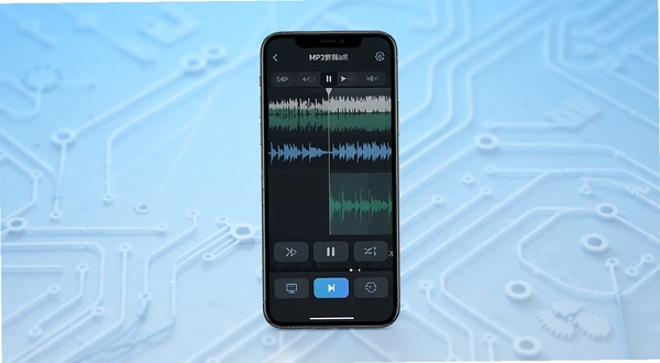 MP3剪辑器应用主界面全貌展示，手机屏幕居中放置，背景为浅蓝色渐变科技感桌面，屏幕内显示音频波形编辑界面与功能按钮，整体风格简洁清爽，适合软件下载站配图使用