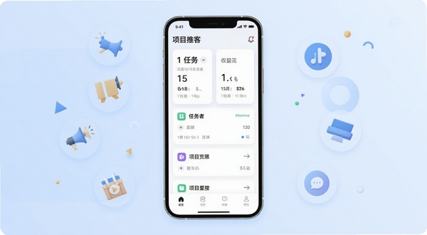 项目推客app主界面展示,画面中央是手机屏幕正视图,屏幕内显示项目推客的任务列表与收益概览卡片,背景区域为柔和的浅蓝色渐变,周围点缀简约的几何图形与推广图标元素,整体风格清爽现代,适配Boogu模型生成