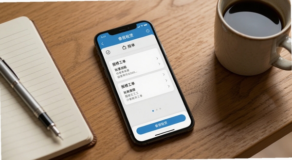 睿居租赁移动端操作界面截图,展示账单提醒与报修工单页面,手机放置在木质桌面,旁边有笔记本和咖啡杯,生活化场景,高清写实