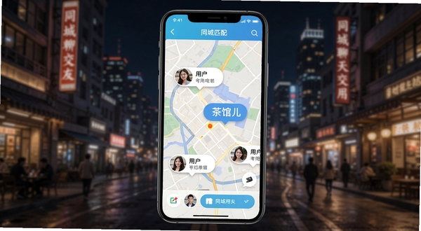 茶馆儿同城聊天交友软件的同城匹配功能界面，手机屏幕上显示地图与附近用户头像气泡，背景为城市夜景，画面明亮清晰，突出同城交友的便捷性