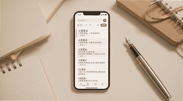 小筑笔记软件主界面全貌，画面中央展示竖屏手机屏幕，屏幕内为浅色系笔记列表界面，顶部为搜索框与新建按钮，背景为柔和的米白色书桌桌面，桌面散落几本笔记本与一支钢笔，整体色调温暖清新，适配Boogu模型生成