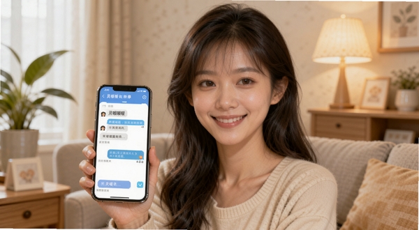 灵暖暖 官方宣传图 主体为一位微笑的年轻女性手持手机 手机屏幕显示灵暖暖APP的对话界面 背景是暖色调的居家客厅 有绿植和柔和灯光 整体氛围温馨治愈 适配Boogu模型生成