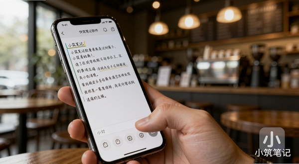 小筑笔记软件快速记录功能展示图，画面主体为手持手机进行文字输入的特写，屏幕显示正在编辑的笔记内容，背景为虚化的咖啡厅环境，暖色灯光，画面右下角有小筑笔记软件的水印字样，整体风格生活化、真实感强