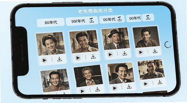 精选老歌免费曲库分类界面,手机屏幕显示年代分类标签如80年代、90年代、00年代,背景为淡蓝色渐变,歌曲列表以卡片形式排列,每张卡片带有播放与下载图标,画面清晰明亮