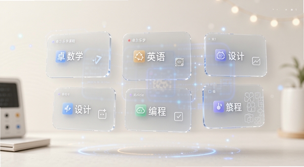 卓尔乐学课程分类页面AI生图，画面主体为悬浮在空中的半透明卡片式课程分类面板，面板上标注数学、英语、编程、设计等标签，背景为柔和米白色，卡片边缘带轻微阴影，整体呈现现代教育科技感