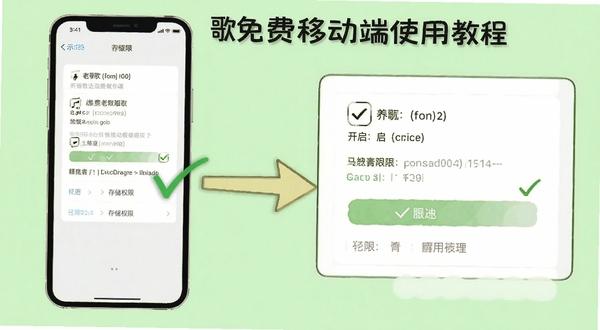 精选老歌免费移动端使用教程示意图,画面展示手机设置界面中存储权限开启步骤,背景为浅绿色,带有箭头指引与勾选标记,风格简洁明了
