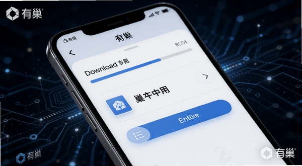 有巢下载管理界面示意图,画面为手机屏幕特写,屏幕内显示下载进度条、文件名称与操作按钮,背景为深色科技感线条与光点,屏幕边缘有有巢的标识水印,整体突出下载任务管理的专业性与可靠性。