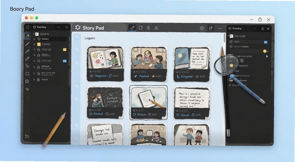Story Pad 软件主界面全貌展示,画面中央为卡片式故事草稿列表,背景区域是柔和的浅蓝渐变,突出创意写作氛围,适配 Boogu 模型生成