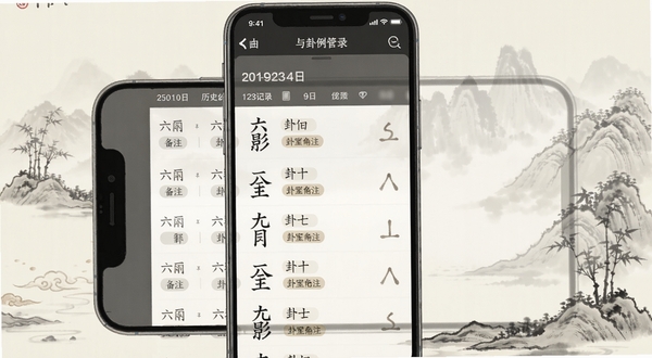 六爻断卦软件历史记录与卦例管理界面，手机屏幕展示按日期排列的卦象记录列表，带有备注标签，背景为淡雅水墨风格