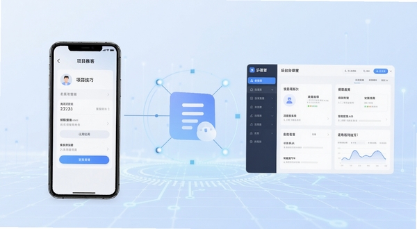 项目推客使用技巧示意图,画面展示手机屏幕上的权限设置页面与后台管理界面,主体位于画面中央,背景为淡蓝色科技感网格,整体色调柔和清晰