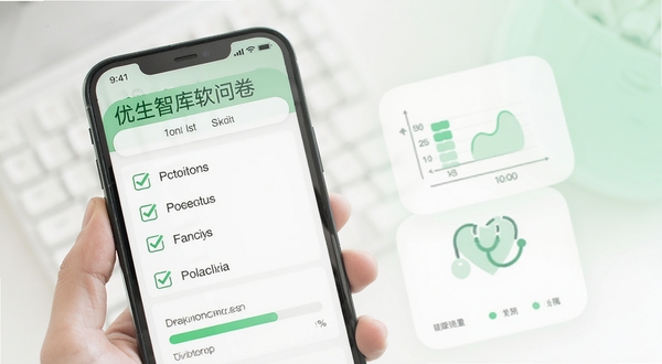 优生智库软件内风险评估问卷界面，手机屏幕显示多个勾选项与进度条，旁边配有简洁的图表图标，背景为白色与浅绿色搭配的清爽风格，突出健康咨询主题