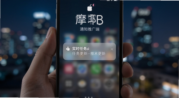 摩耶推广端 手机通知提醒界面 锁屏状态显示推广任务更新弹窗 背景为模糊城市夜景 突出实时提醒功能 科技感与生活感结合
