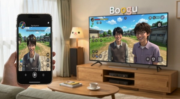 星野同屏高清低延迟镜像功能示意图,手机游戏画面同步到电视大屏,画面流畅无卡顿,客厅场景,适配Boogu模型生成